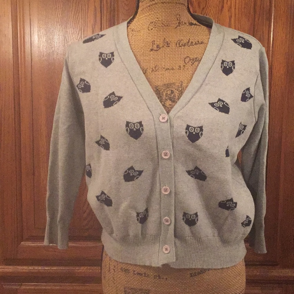 Pol Gray Blue Owl Print 3/4 Sleeve Cardigan